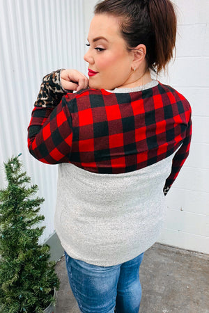 All Of Me Grey & Red Plaid Animal Print Pocketed Top - Coeur de la Mode