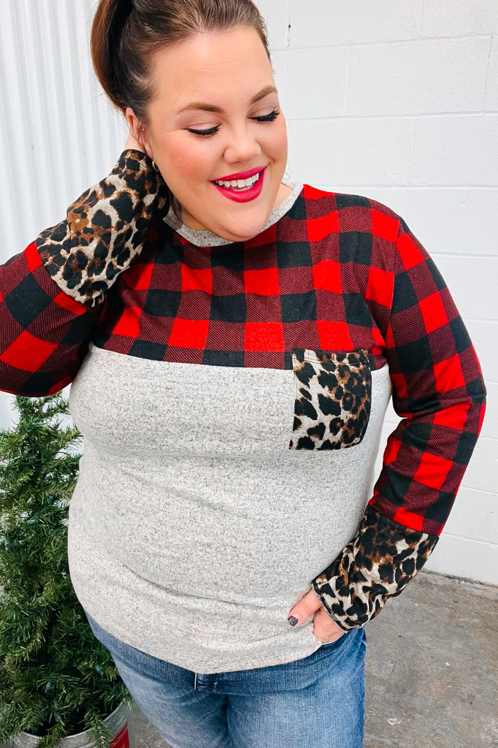 All Of Me Grey & Red Plaid Animal Print Pocketed Top - Coeur de la Mode