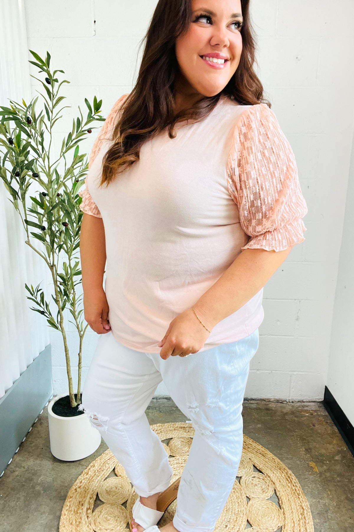 Pretty In Peach French Terry Lace Sleeve Top