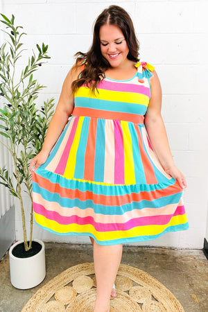 Start The Day Rainbow Stripe Shoulder Tie Tiered Dress - Coeur de la Mode