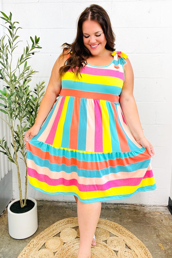 Start The Day Rainbow Stripe Shoulder Tie Tiered Dress - Coeur de la Mode