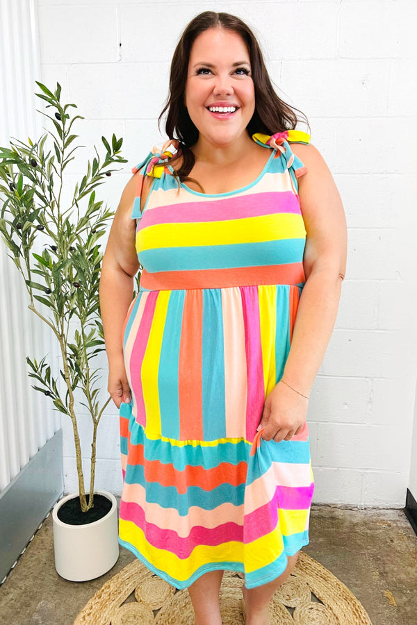 Start The Day Rainbow Stripe Shoulder Tie Tiered Dress - Coeur de la Mode