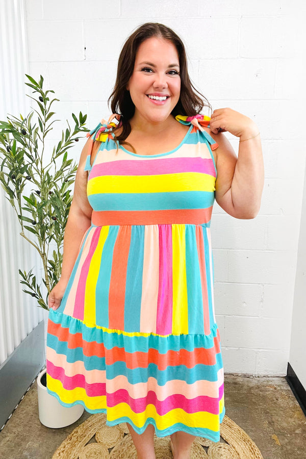 Start The Day Rainbow Stripe Shoulder Tie Tiered Dress - Coeur de la Mode