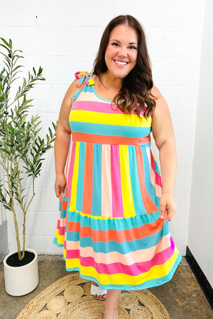 Start The Day Rainbow Stripe Shoulder Tie Tiered Dress - Coeur de la Mode