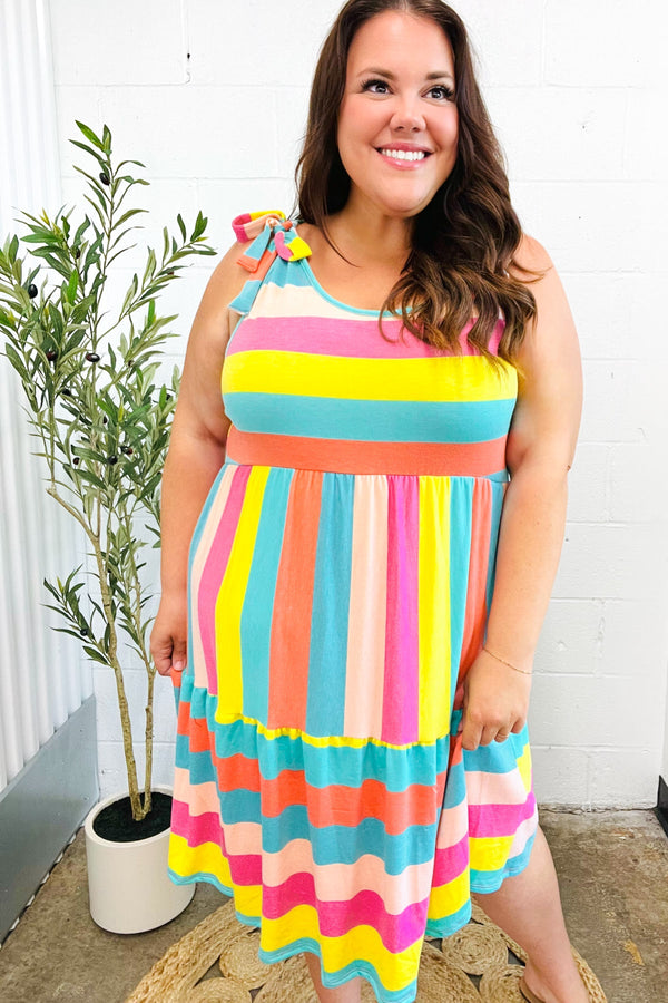 Start The Day Rainbow Stripe Shoulder Tie Tiered Dress - Coeur de la Mode