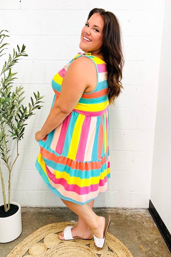 Start The Day Rainbow Stripe Shoulder Tie Tiered Dress - Coeur de la Mode