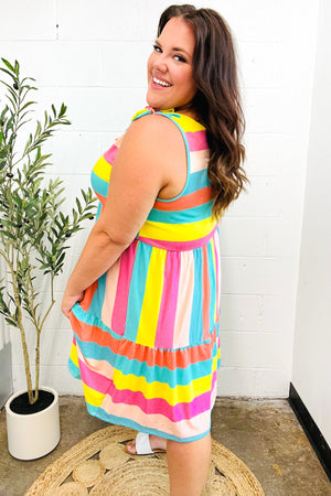 Start The Day Rainbow Stripe Shoulder Tie Tiered Dress - Coeur de la Mode