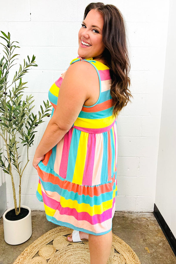 Start The Day Rainbow Stripe Shoulder Tie Tiered Dress - Coeur de la Mode