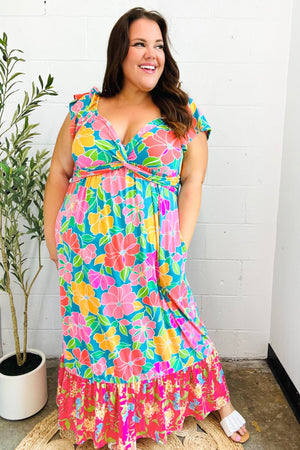 Vacay Vibes Blue Floral Print Sweetheart Twisted Neckline Maxi Dress - Coeur de la Mode