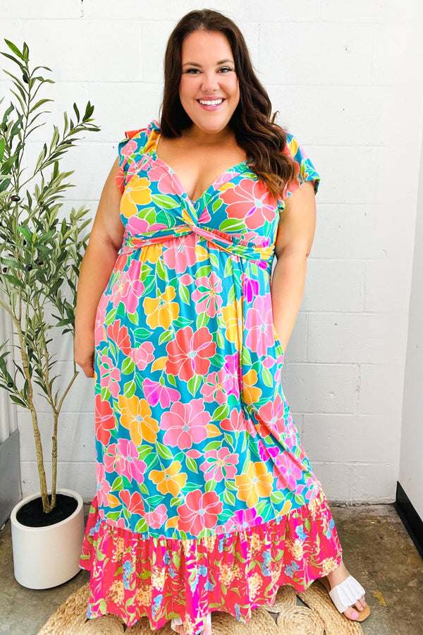 Vacay Vibes Blue Floral Print Sweetheart Twisted Neckline Maxi Dress - Coeur de la Mode