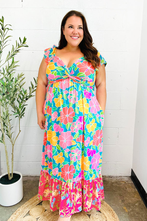 Vacay Vibes Blue Floral Print Sweetheart Twisted Neckline Maxi Dress - Coeur de la Mode