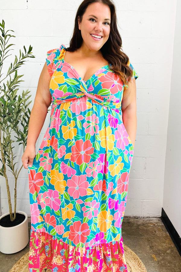 Vacay Vibes Blue Floral Print Sweetheart Twisted Neckline Maxi Dress - Coeur de la Mode