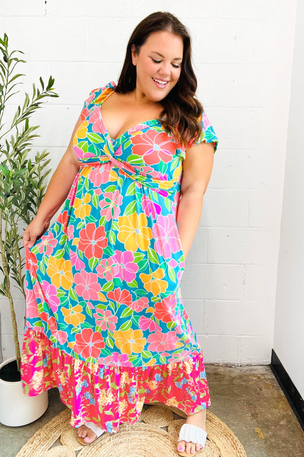 Vacay Vibes Blue Floral Print Sweetheart Twisted Neckline Maxi Dress - Coeur de la Mode