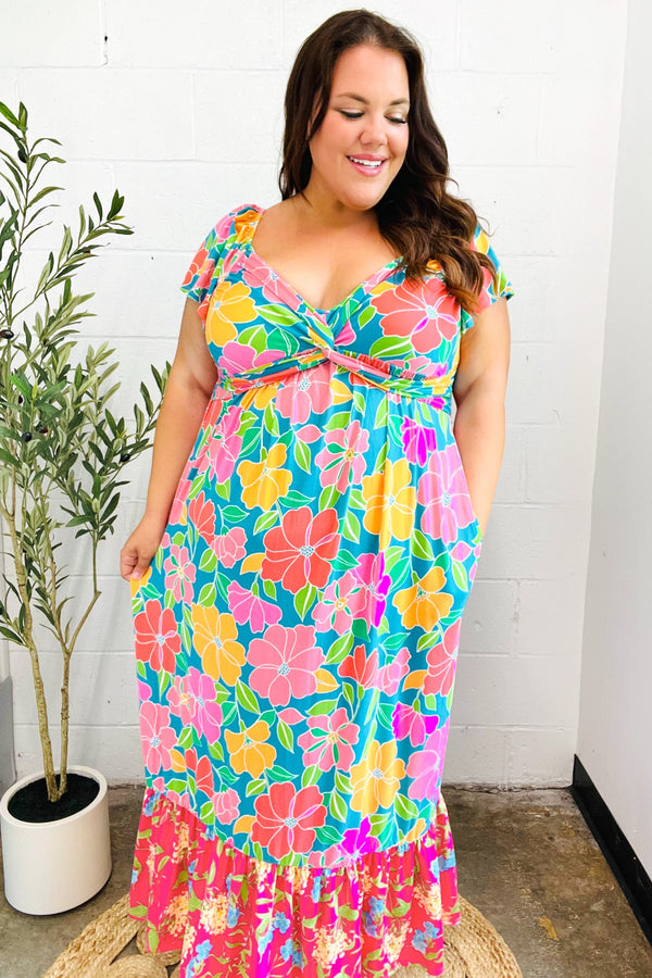 Vacay Vibes Blue Floral Print Sweetheart Twisted Neckline Maxi Dress - Coeur de la Mode