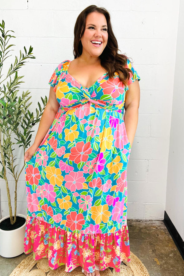 Vacay Vibes Blue Floral Print Sweetheart Twisted Neckline Maxi Dress - Coeur de la Mode