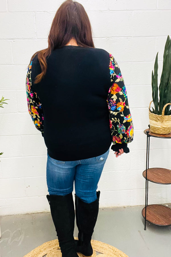 Diva Dreams Black Floral Sequin Mesh Sleeve Rib Knit Top - Coeur de la Mode