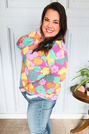 Easy To Love Fuchsia Floral Two Tone Knit Vintage Top - Coeur de la Mode