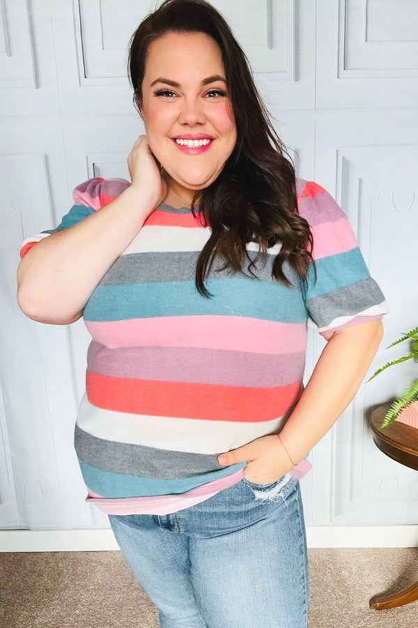 Look Out Teal & Rose Striped Hacci Knit Puff Sleeve Top - Coeur de la Mode