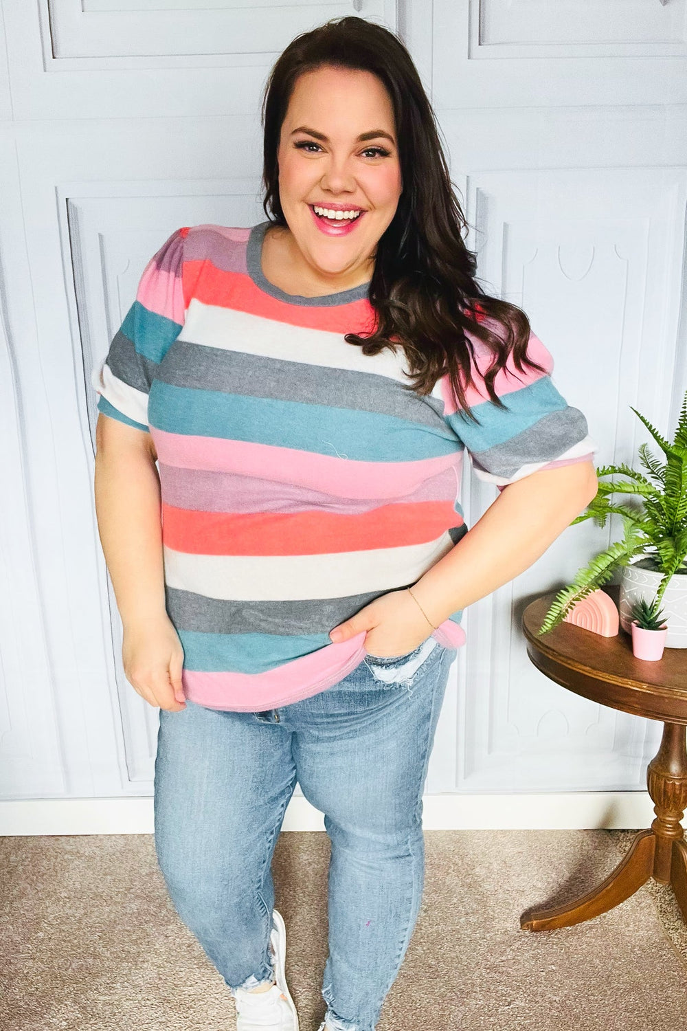 Look Out Teal & Rose Striped Hacci Knit Puff Sleeve Top - Coeur de la Mode