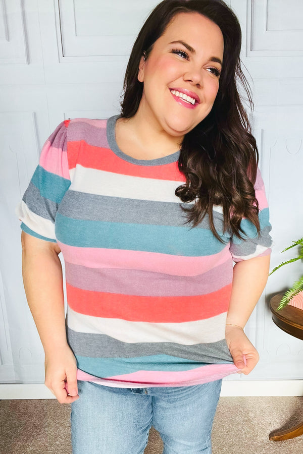 Look Out Teal & Rose Striped Hacci Knit Puff Sleeve Top - Coeur de la Mode
