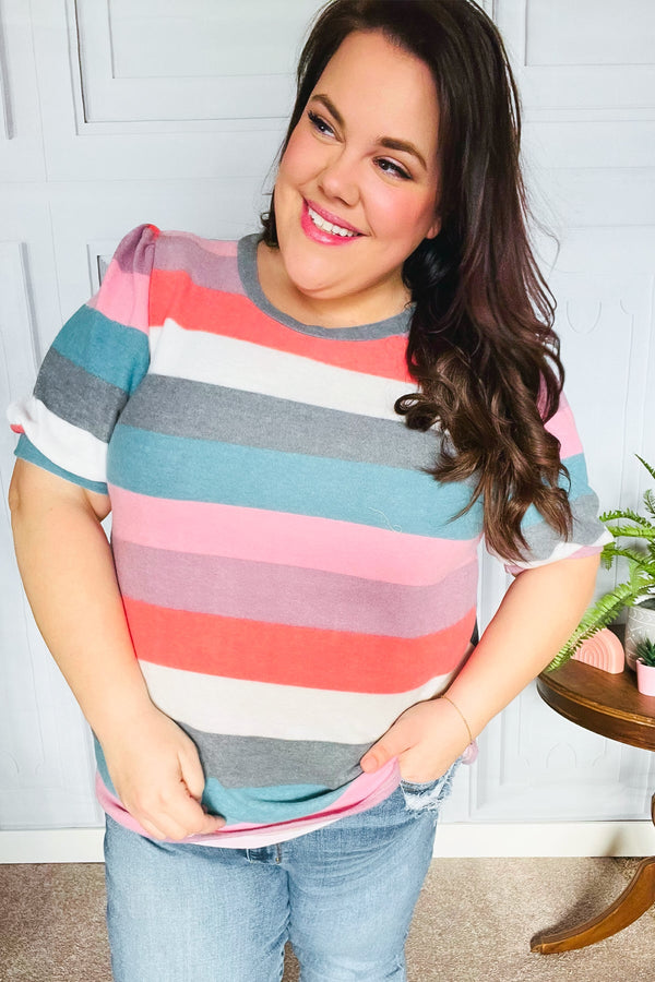Look Out Teal & Rose Striped Hacci Knit Puff Sleeve Top - Coeur de la Mode