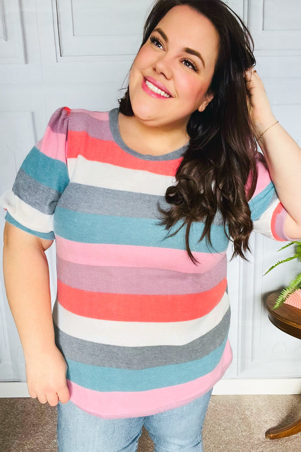 Look Out Teal & Rose Striped Hacci Knit Puff Sleeve Top - Coeur de la Mode
