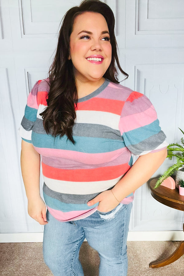 Look Out Teal & Rose Striped Hacci Knit Puff Sleeve Top - Coeur de la Mode