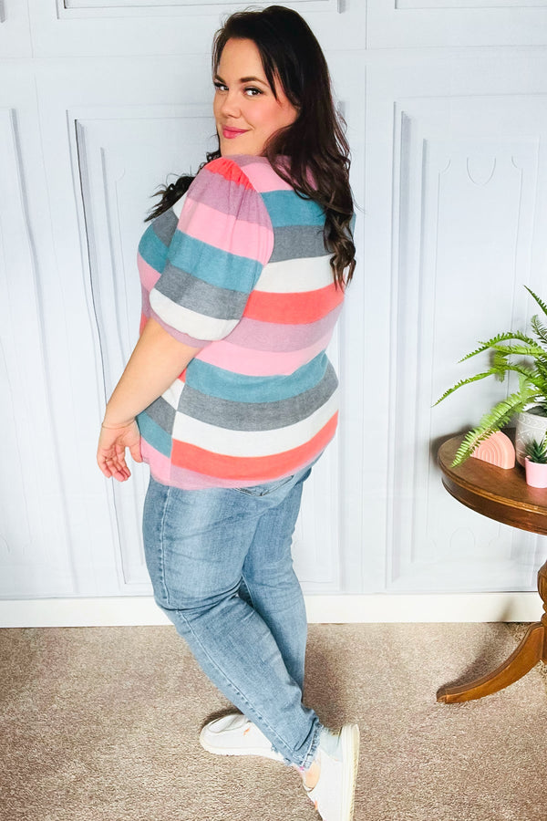 Look Out Teal & Rose Striped Hacci Knit Puff Sleeve Top - Coeur de la Mode