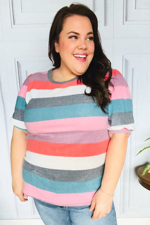 Look Out Teal & Rose Striped Hacci Knit Puff Sleeve Top - Coeur de la Mode