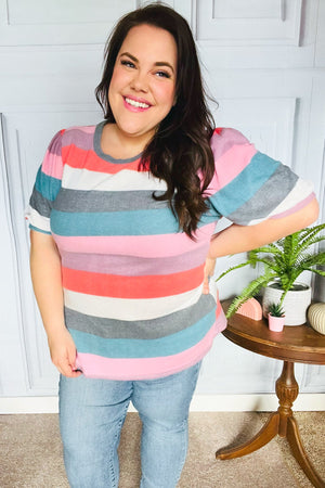Look Out Teal & Rose Striped Hacci Knit Puff Sleeve Top - Coeur de la Mode