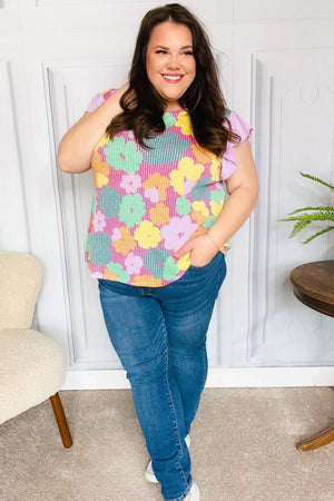 Feeling Playful Fuchsia Floral Textured Ruffle Sleeve Top - Coeur de la Mode