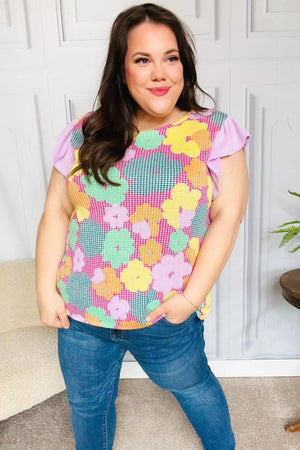 Feeling Playful Fuchsia Floral Textured Ruffle Sleeve Top - Coeur de la Mode