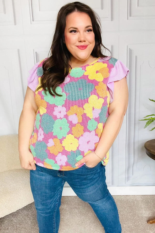 Feeling Playful Fuchsia Floral Textured Ruffle Sleeve Top - Coeur de la Mode