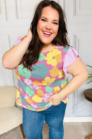 Feeling Playful Fuchsia Floral Textured Ruffle Sleeve Top - Coeur de la Mode