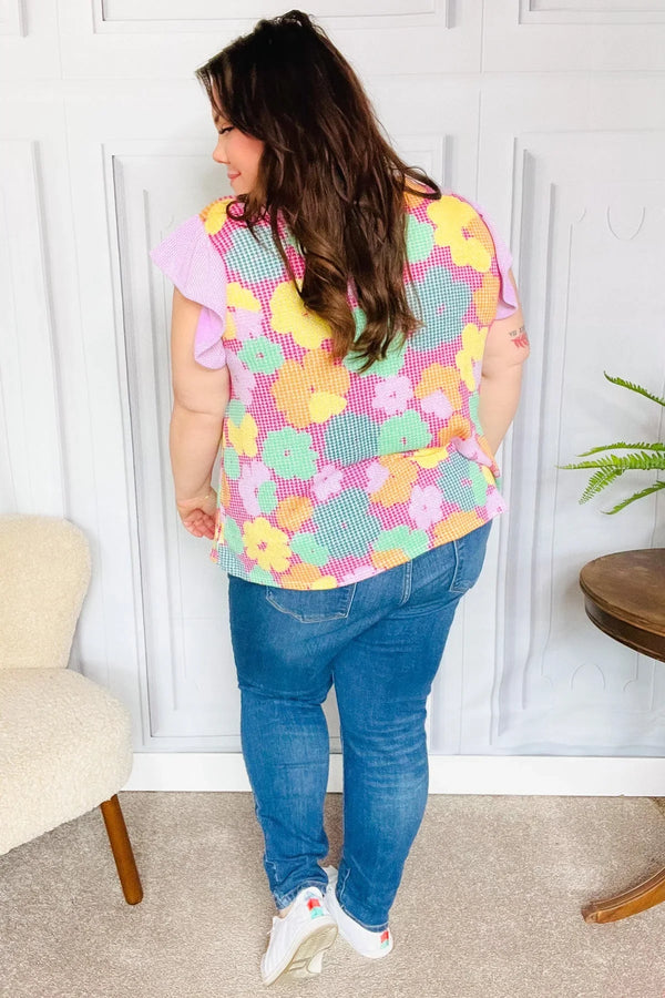 Feeling Playful Fuchsia Floral Textured Ruffle Sleeve Top - Coeur de la Mode