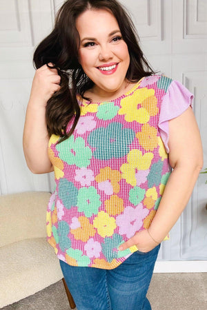 Feeling Playful Fuchsia Floral Textured Ruffle Sleeve Top - Coeur de la Mode
