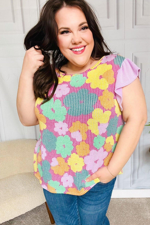 Feeling Playful Fuchsia Floral Textured Ruffle Sleeve Top - Coeur de la Mode