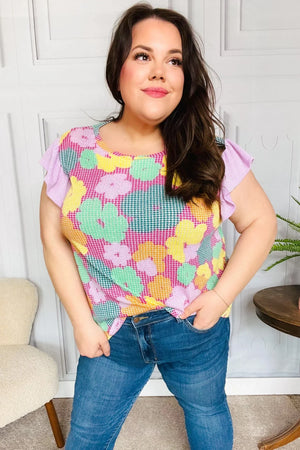 Feeling Playful Fuchsia Floral Textured Ruffle Sleeve Top - Coeur de la Mode