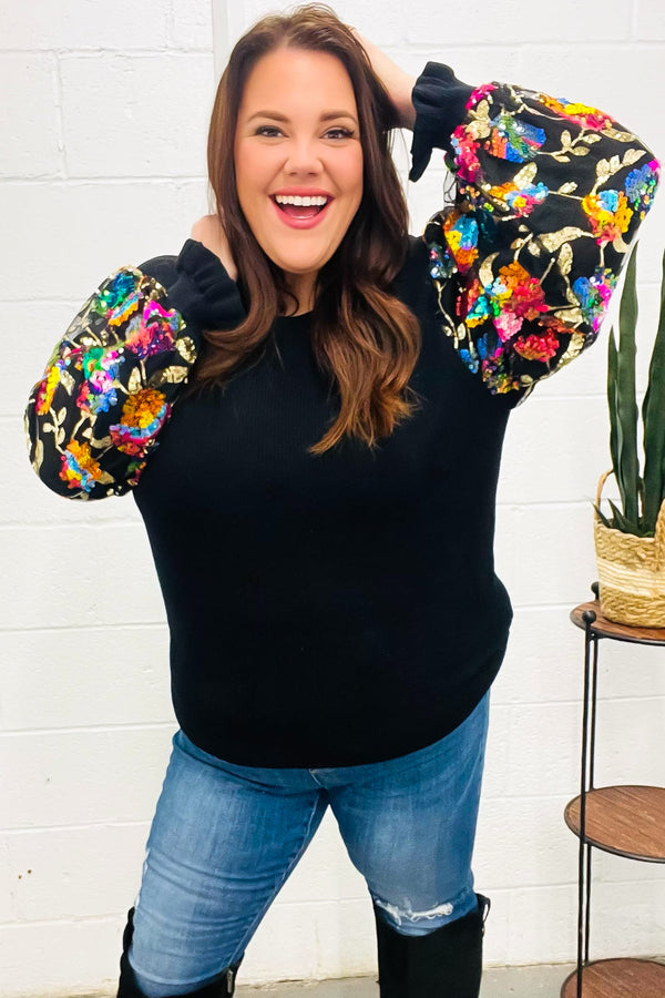 Diva Dreams Black Floral Sequin Mesh Sleeve Rib Knit Top - Coeur de la Mode