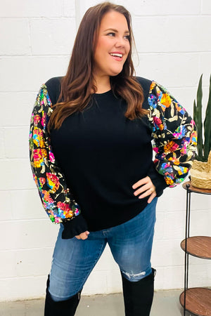Diva Dreams Black Floral Sequin Mesh Sleeve Rib Knit Top - Coeur de la Mode