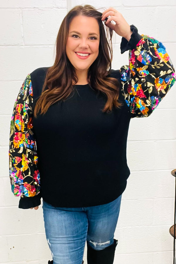 Diva Dreams Black Floral Sequin Mesh Sleeve Rib Knit Top - Coeur de la Mode