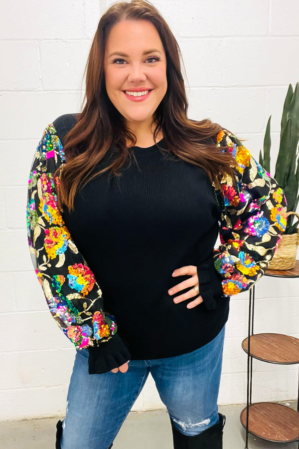 Diva Dreams Black Floral Sequin Mesh Sleeve Rib Knit Top - Coeur de la Mode