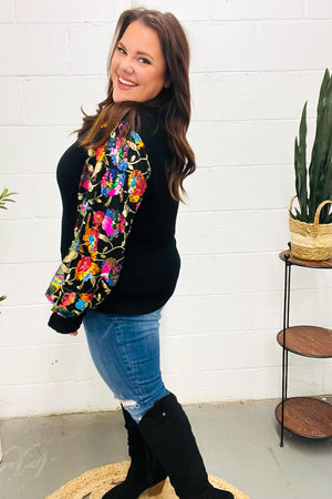 Diva Dreams Black Floral Sequin Mesh Sleeve Rib Knit Top - Coeur de la Mode