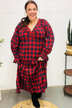 All I Want Red Plaid Elastic V Neck Tiered Maxi Dress - Coeur de la Mode
