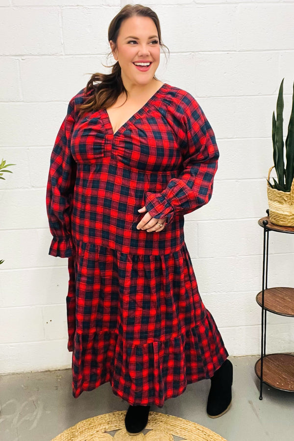 All I Want Red Plaid Elastic V Neck Tiered Maxi Dress - Coeur de la Mode