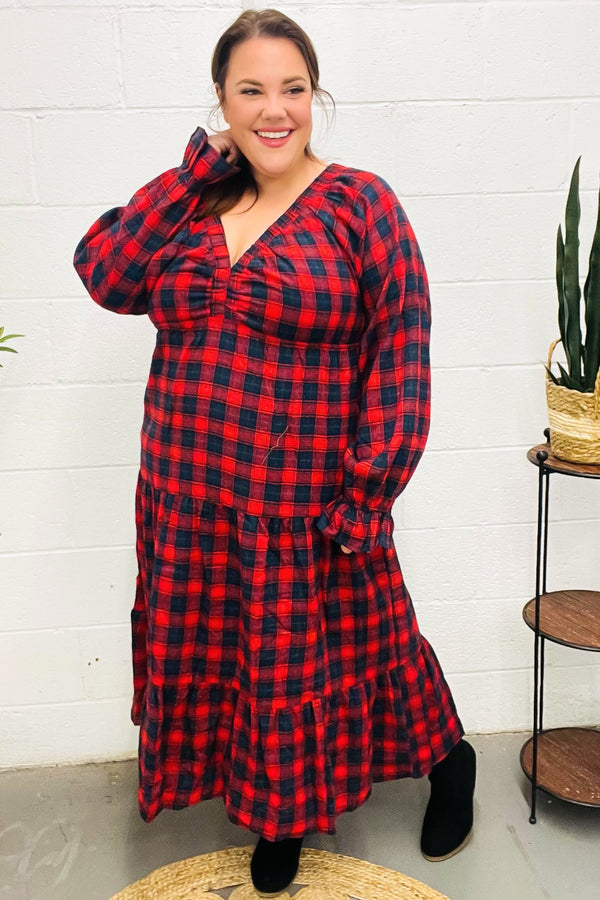 All I Want Red Plaid Elastic V Neck Tiered Maxi Dress - Coeur de la Mode