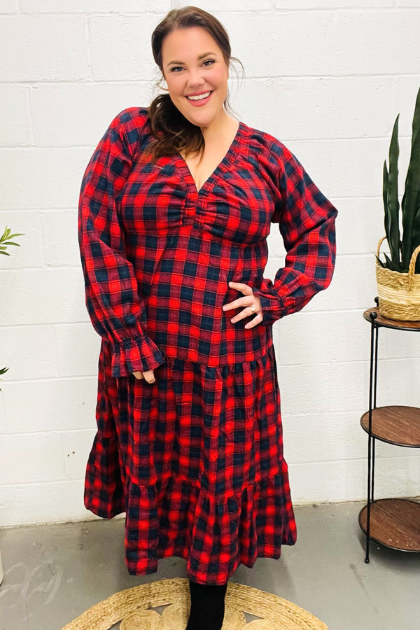 All I Want Red Plaid Elastic V Neck Tiered Maxi Dress - Coeur de la Mode