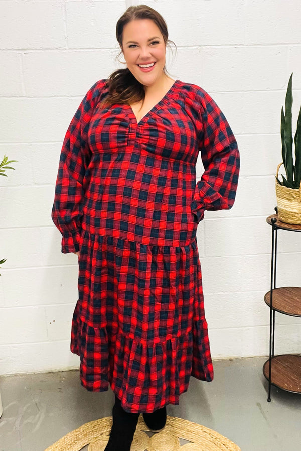 All I Want Red Plaid Elastic V Neck Tiered Maxi Dress - Coeur de la Mode