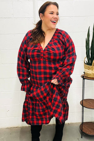 All I Want Red Plaid Elastic V Neck Tiered Maxi Dress - Coeur de la Mode