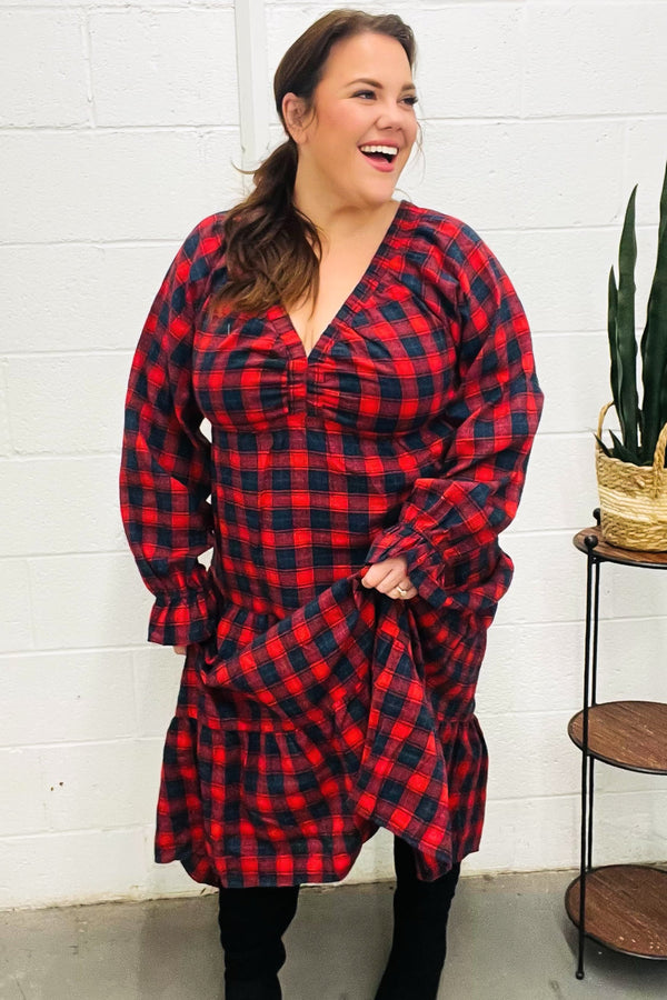 All I Want Red Plaid Elastic V Neck Tiered Maxi Dress - Coeur de la Mode